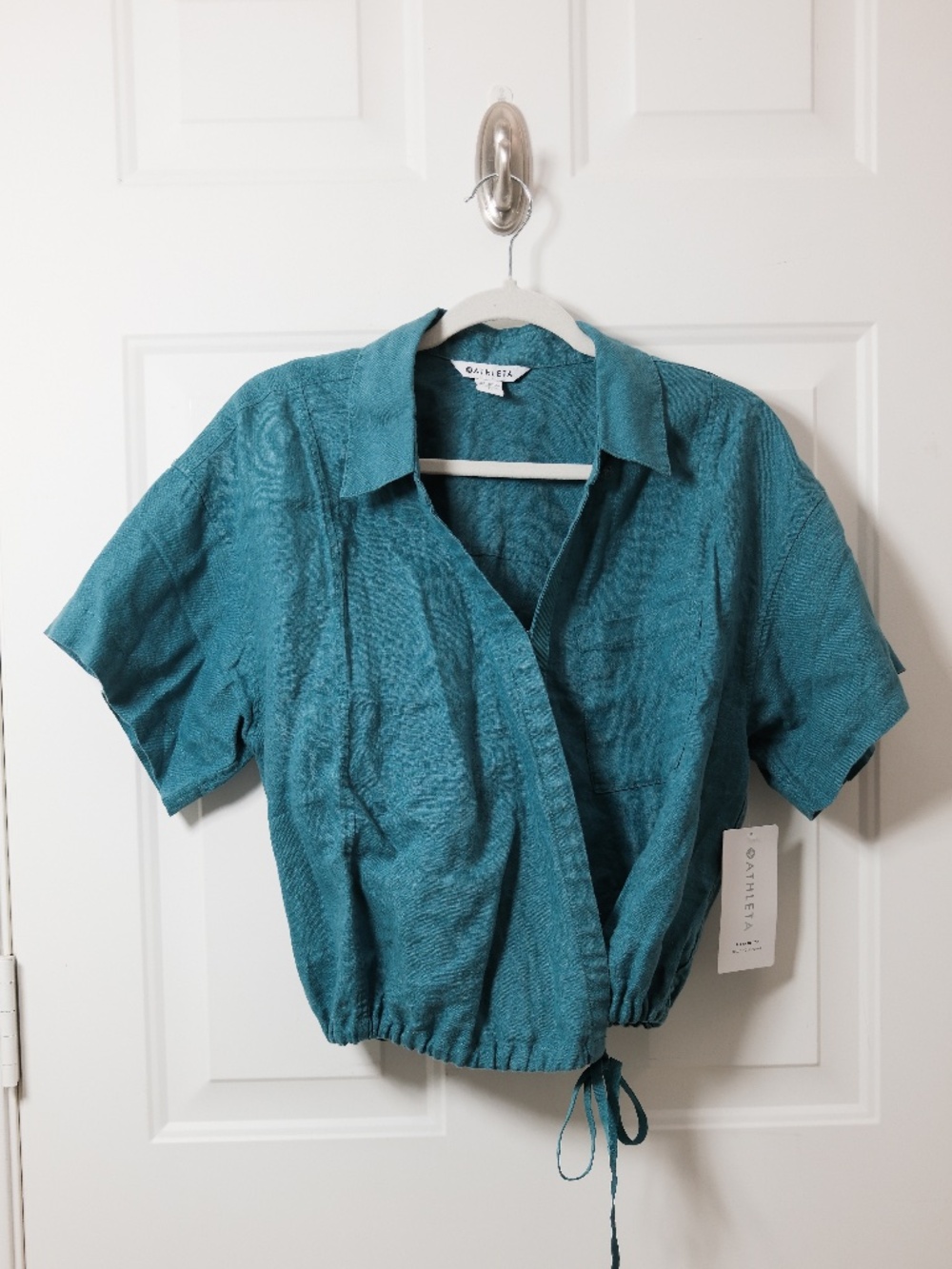 NWT - Athleta Top Women's Size-L - Teal Blue Green Playa Linen Tie Top